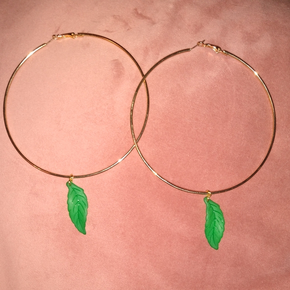 Oversized Green Leaf Charm Gold Hoops Huge 5 1/2 Inch Hoop Earrings Leaves KATTA - Picture 6 of 9